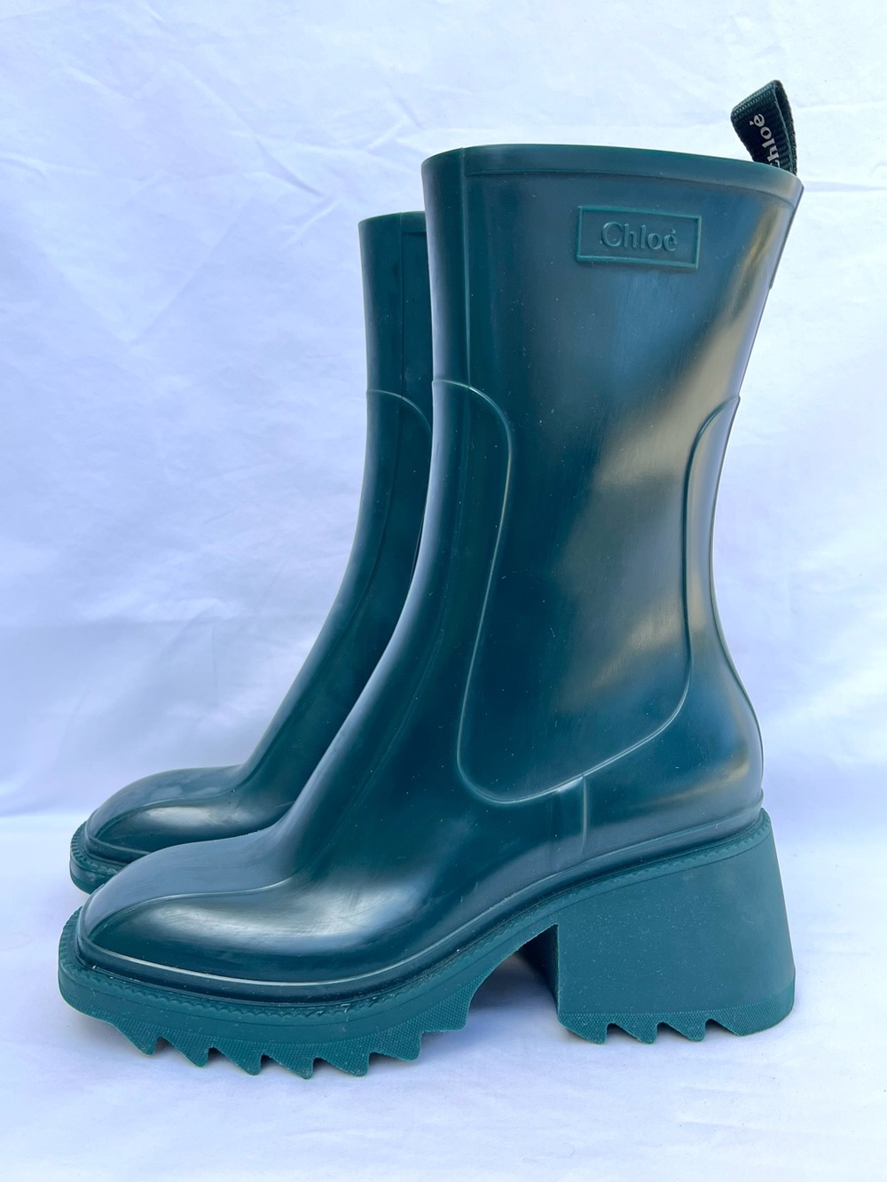 Chloe Betty Dark Emerald Green Rubber Heel Rain Boots Women’s Size 39 US 8 - Picture 2 of 15